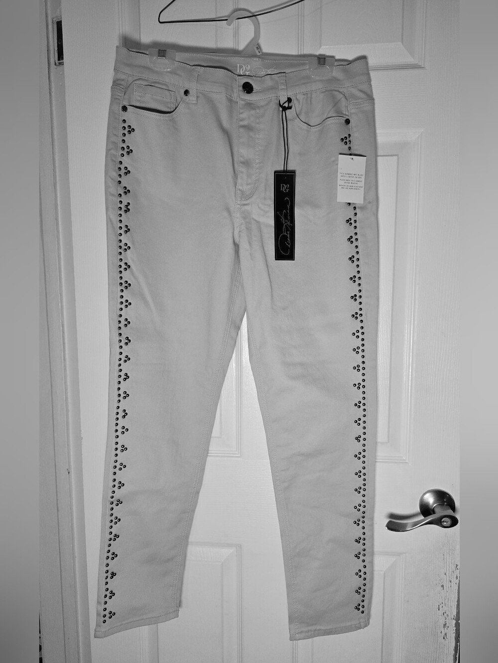 DG2 by Diane Gilman Light Gray Straight Leg Jeans with Black Stud Accents